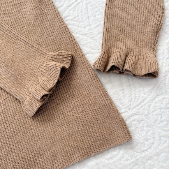 Sezane Soizic Tie Front Merino Wool Blend Jumper, Camel - Picture 6 of 8